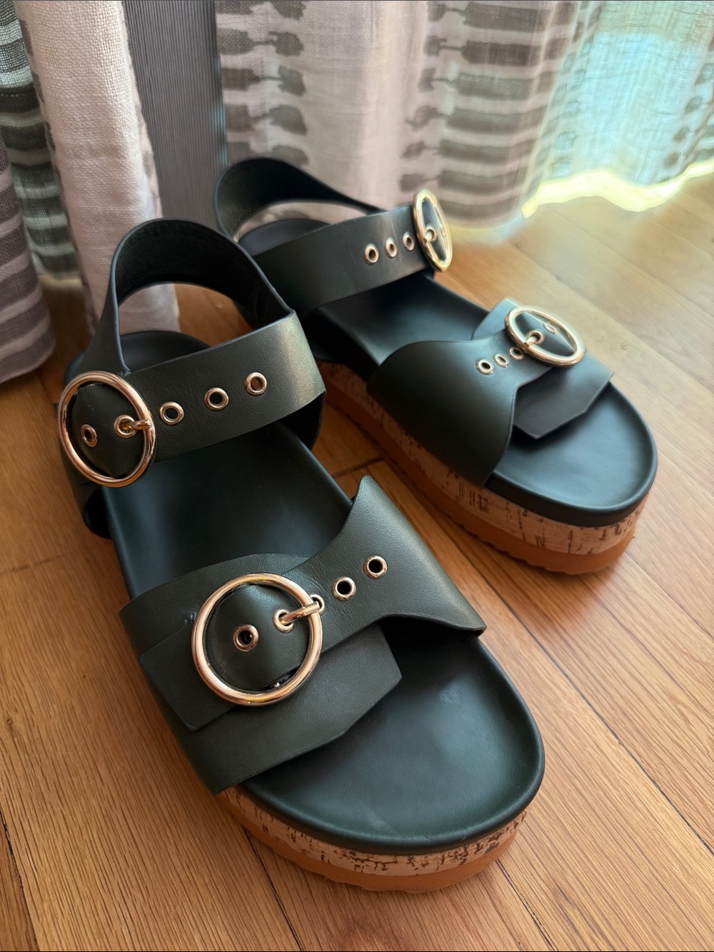 Obus Olive Green Slide Platform Sandals with Gold Buckles